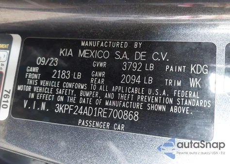 2024 Kia Forte Lxs из США, поврежденный, VIN 3KPF24AD1RE700868